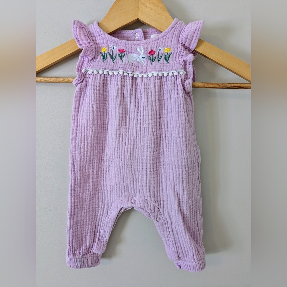 Cat & Jack Lavender Bunny Embroidery Gauze Muslin Jumpsuit Easter Spring Size 3M